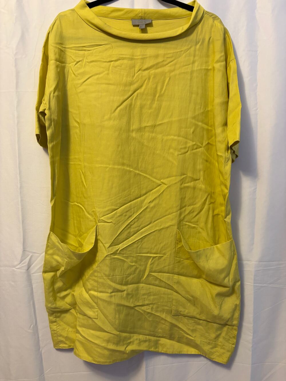 COS Tunic Wide  Neck Dress Yellow Wide Pockets Short Sleeve Cupro Cotton Sz 10